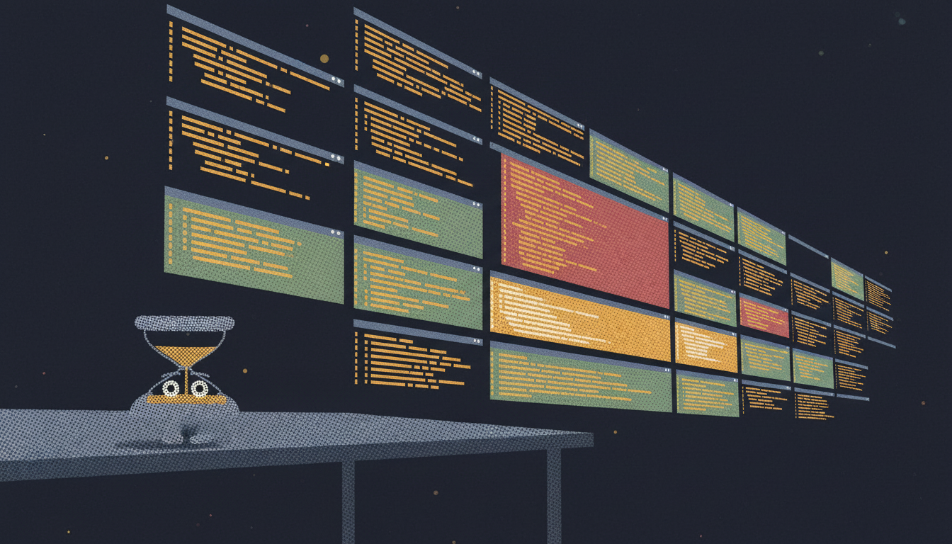 A wall of terminal cards in perspective, receding into the distance, with Tock small at the desk